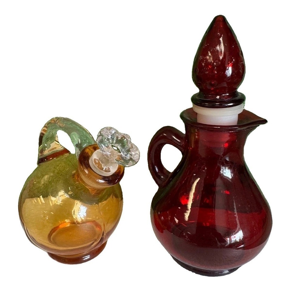 Vintage Cruet Avon Ruby Red Glass and Amber Glass Cruet with Stoppers Set of 2